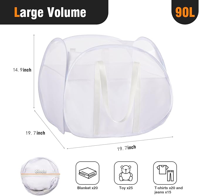 TECHMILLY Pop Up Foldable Laundry Basket, 90L Large Capacity Square & Tear Proof Laundry Hamper with Reinforced Handles for Dirty Clothes Storage in Dorm, Laundry Room, Bathroom, White(Fabric)