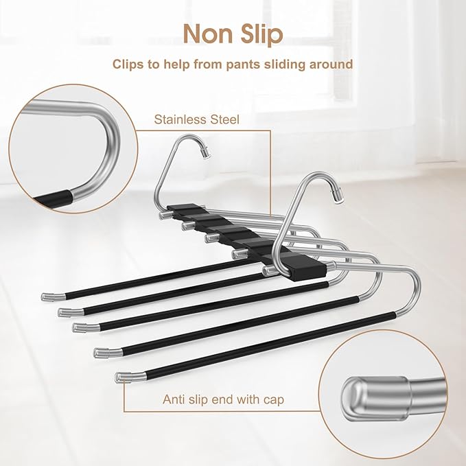 4 Pack Pants Hangers Space Saving, Anti-Slip Multi-Functional Pants Rack, Thickened Stainless Steel Tube, Two Hanging Modes Suitable for Jeans Trousers Skirts Scarf-Black