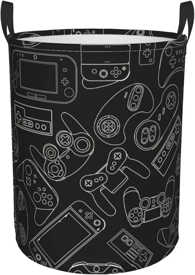 Video Game Controller Background Round Laundry Hamper Gaming Gadget Storage Basket Toys Clothes Organizer Bin For Home Bathroom Bedroom Dorm Nursery, 62l