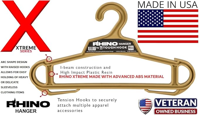 Rhino Tough Hook Xtreme Heavy Duty Clothes Hangers – USA-Made Military Grade Coat Hanger for Body Armor & Jacket – 200-lb Cap Suit Hangers for Heavy Apparel, 1 Black