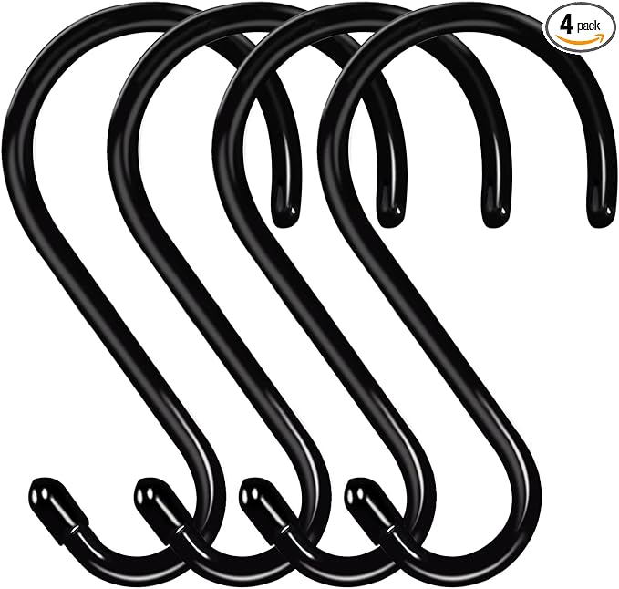 HiGift 6 Inch Large S Hooks for Hanging Heavy Duty, Non Slip Vinyl Coated S Hook for Closet, Steel Metal Black Rubber Coated S Hooks for Hanging Plant Jeans Pot Pan Clothes Purse Towel Bags- 4 Pack