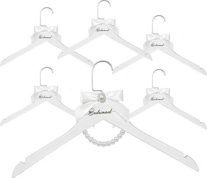 6 Pcs Bridesmaid Hangers White Wooden Wedding Bride Hanger with Bow and Pearl Necklace for Wedding Dresses Bridesmaid Dresses Gowns （6 Bridesmaid Hangers）