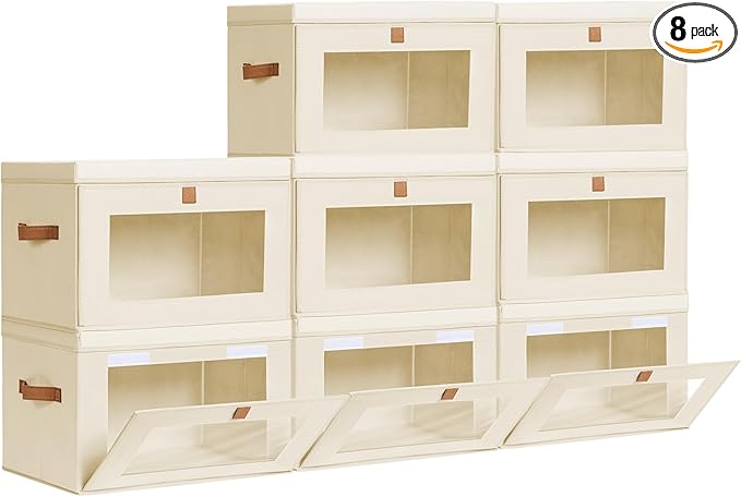 Large Closet Storage Bins - Collapsible Clothing Organizer with Handles & Window, Decorative Bin with Lids, Linen Closet Organizers for Living Room, Dorm, 8 Pack, Beige