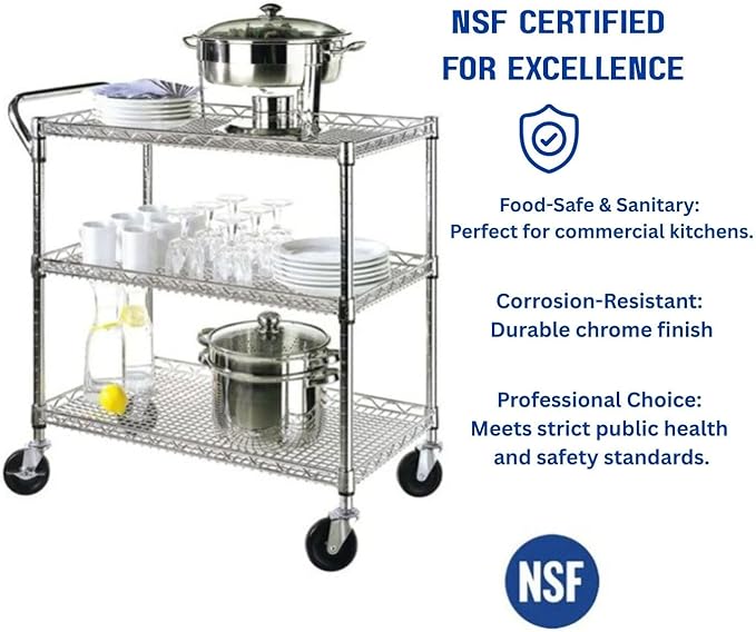 Heavy Duty 3 Tier Rolling Utility Kitchen Cart on Wheels,Large 45"L x 17 1/2"D x 45"H Metal Serving Cart Commercial Grade with Wire Shelving and Handle Bar for Office School Church Kitchen Hardware