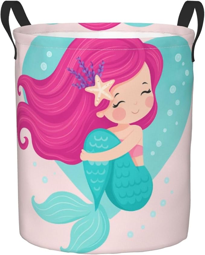 Dujiea Mermaid Girl Laundry Basket Round with Handle, Collapsible Foldable Canvas Storage Bin Dirty Clothes Bag for Laundry/Toys Organizer/College Dorm/Nursery/Decor(2 Sizes)