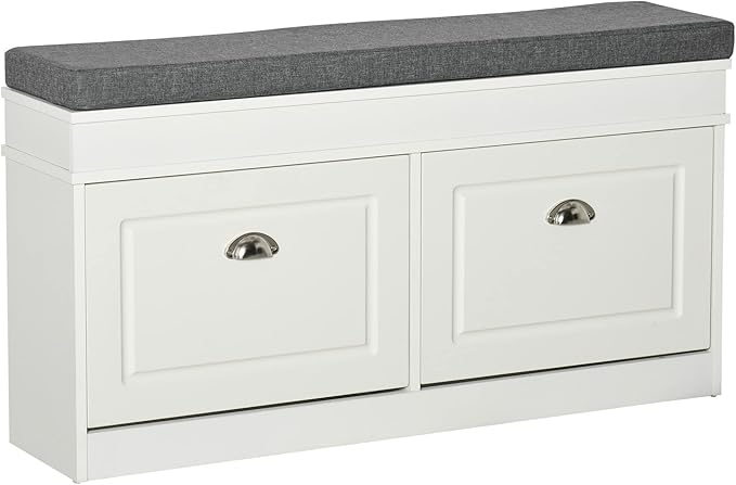 HOMCOM Modern Shoe Rack Bench for Entryway, Storage Organizer with Cushion, 2 Drawers, Adjustable Shelf, Holds 8 Pairs, White