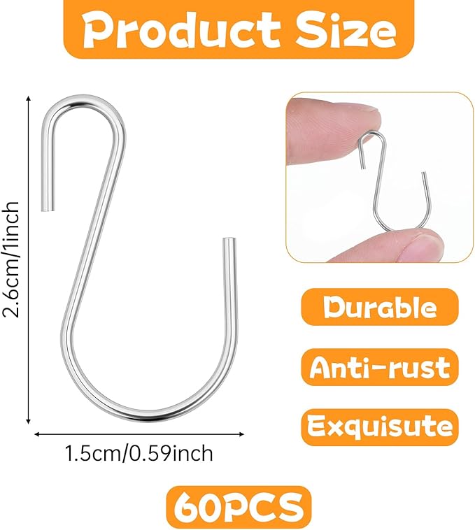 60 Pcs S Hooks for Hanging, 1 Inch Metal Hanging Hook S Shaped Metal Hook, Hanger Connector Hooks Ornament for Hang Jewelry Small Kitchenware Potted Plants(Silver)