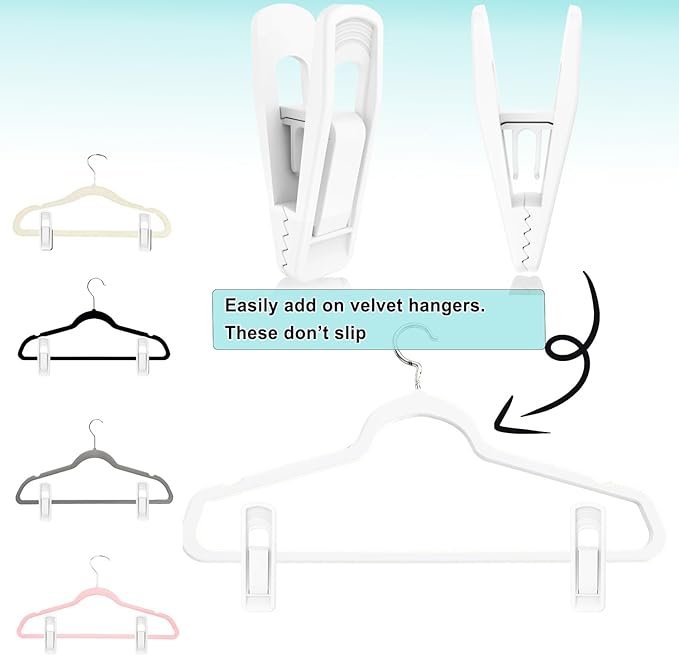 Hanger Clips for Velvet Hangers (White, 40 PCS), Non-Slip Plastic Clips Pant Skirt Hanger Socks Clips for Flocking Hangers