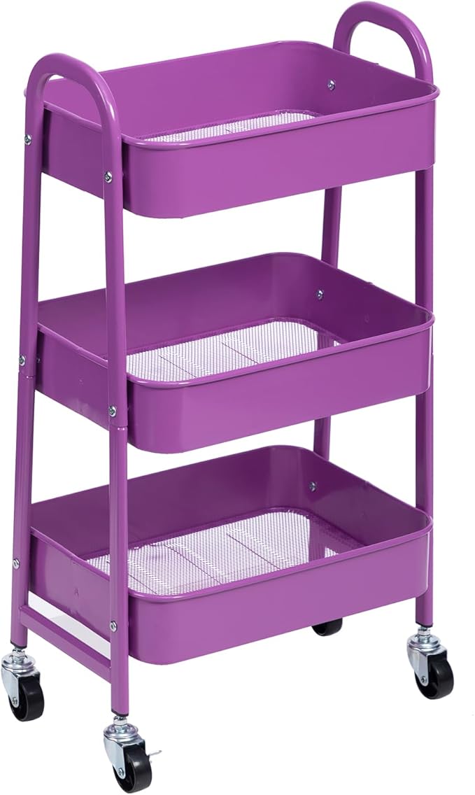 AGTEK 3 Tier Utility Rolling Cart with Lockable Wheels, Metal Multifunctional Storage, Organizer Cart for Kitchen, Office, Living Room, Makeup, Craft, Art Studio, Violet