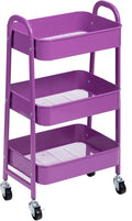 AGTEK 3 Tier Utility Rolling Cart with Lockable Wheels, Metal Multifunctional Storage, Organizer Cart for Kitchen, Office, Living Room, Makeup, Craft, Art Studio, Violet