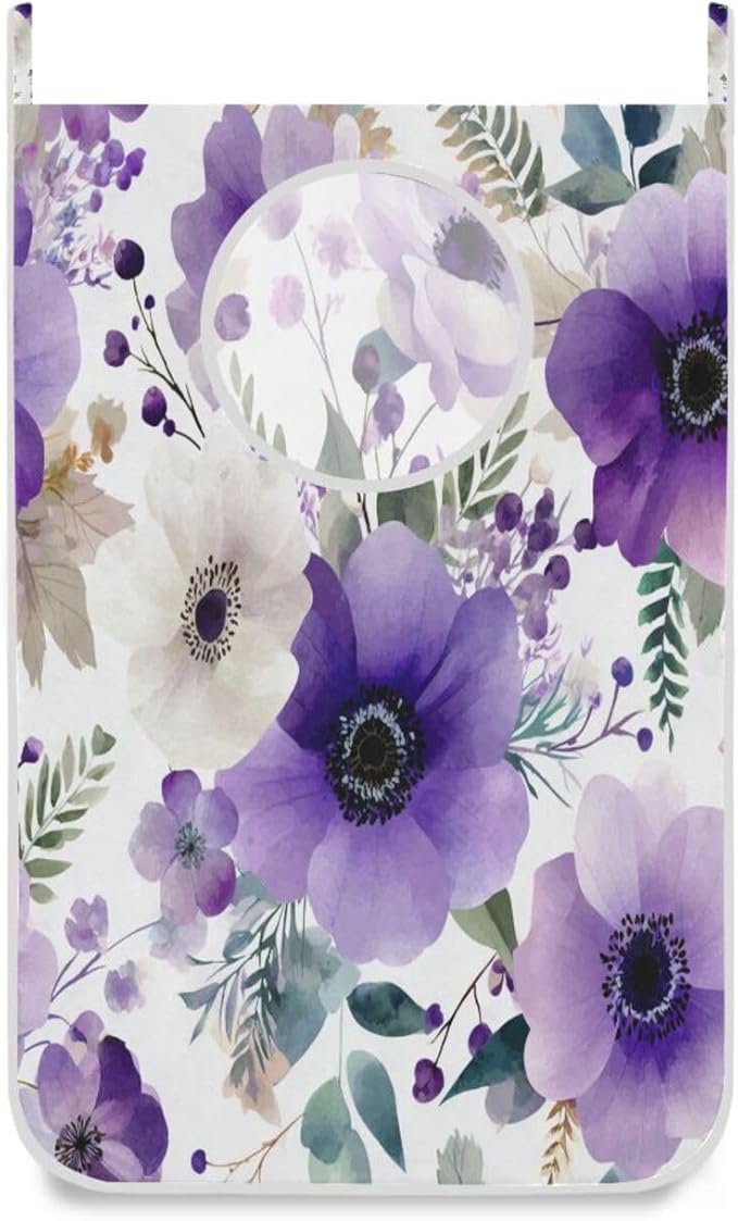 Purple and White Silver Lotus Flowers and Berries Hanging Laundry Hamper Door Hampers Bag Basket with Stainless Steel Hooks Oxford Fabric Printing Decorative Clothes Bags 29.5X20inch 1Pack