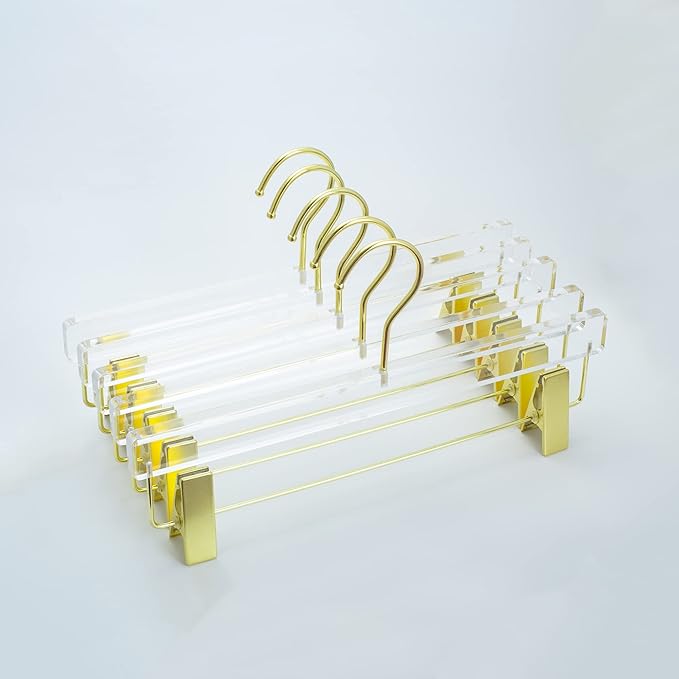 HomeCube USA Clear Acrylic Clothes Hanger with Gold Hooks & Clips – Heavy Duty Organizer for Skirts, Pants & More – Elegant Lucite Design for Closet, Home, Boutique & Retail Use