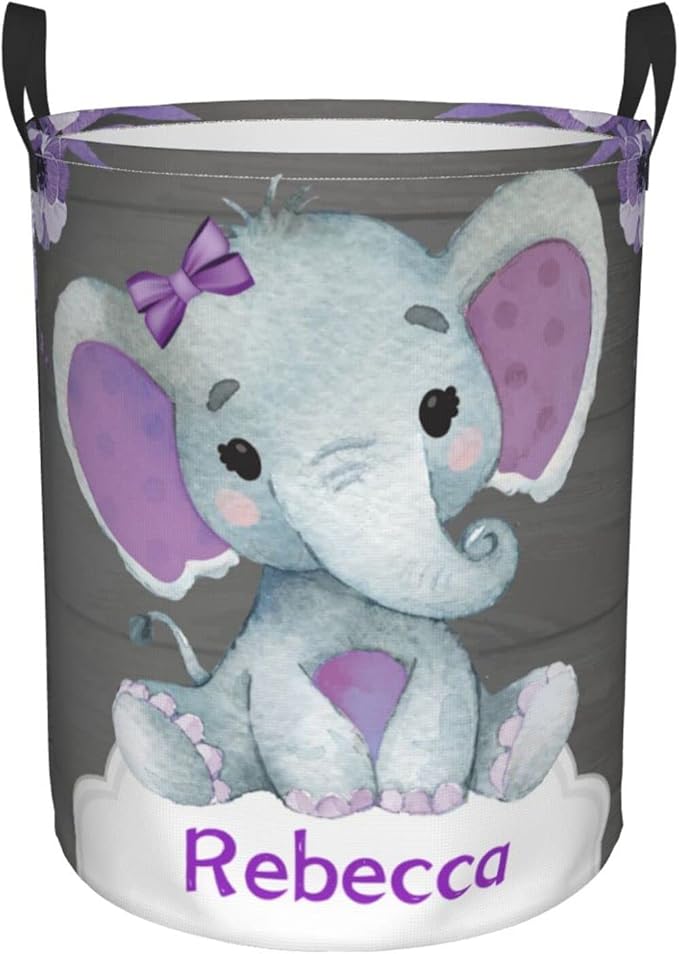 Purple Elephant Flower Customized Laundry Basket Clothes Hamper with Name Collapsible Waterproof Large Capacity Organizer Storage for Living Room.