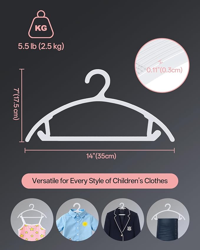 60 Pack Kids Hangers, Non-Slip & Sturdy Coat Hangers, Ultra-Thin Plastic Suit Hangers for 7-12 Years Old, Dry & Wet Dual-Use Multi-Scenario Storage, Holds Up to 11 LB, 14" W, White, UAPY0960W