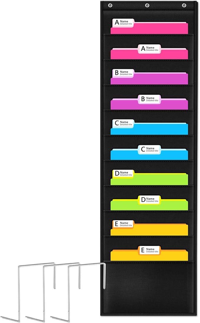 Godery Premium Hanging File Folder Organizer, 10 Pockets, & 3 Hangers Cascading Wall Organizer，Perfect for Home Organization, School Pocket Chart, Office Bill Filing. Wall or Over Door Mount
