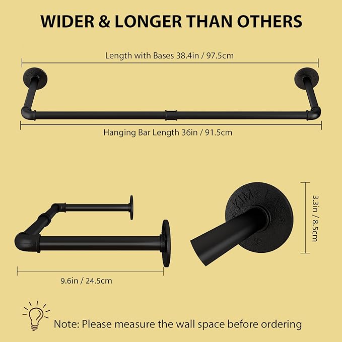 Wall Mounted Clothes Rack 38.4in, Industrial Pipe Wall Mount Clothing Rack, Heavy Duty Iron Garment Racks, Space Saver Multi-purpose Hanging Rod for Laundry Room, Closet Storage, 2 Packs