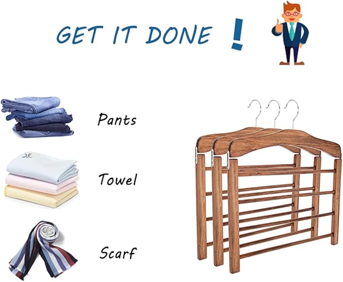 Wooden Pant Hanger Space Saving - 4 Tier Closet Storage Hanger Organizer for Jeans Legging Scarves Pants Towels, 3 Packs, Wood