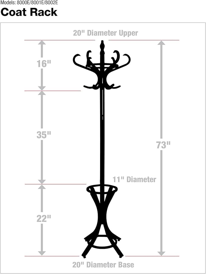 8000 Floor Standing Hat and Coat Rack with Umbrella Stand, Wood with brown Paint Finish