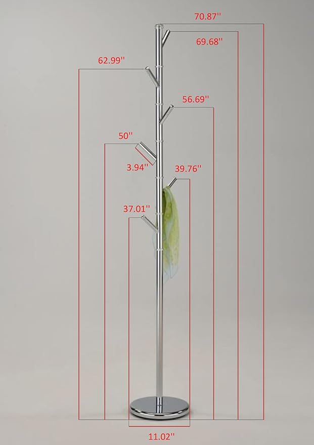 KB Designs - 6 Hook Metal Standing Coat and Hat Hanger Organizer Rack, Chrome