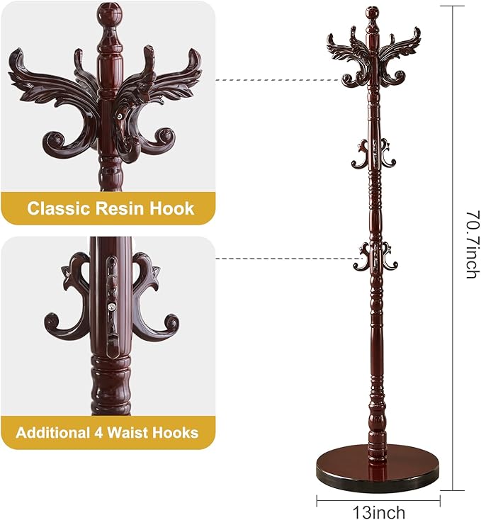 Wooden Coat Rack Stand, Vintage Natural Birch Wood Coat Racks Freestanding, Solid Wood Coat Tree Stand with 14 Hooks, Classic Sturdy Coat Racks Hall Tree for Entryway, Office (Round chassis)