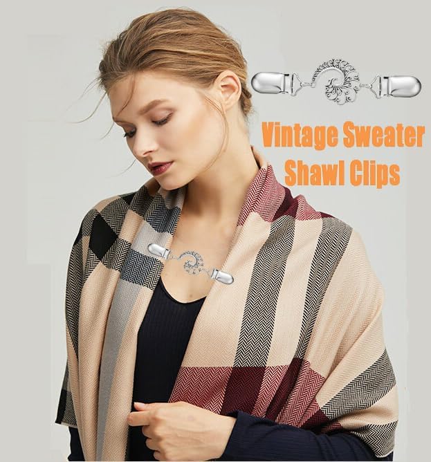 Vintage Sweater Clips Shawl Dresses Shirt Clips Retro Cardigan Collar Chain Clips Brooch Pins for Women