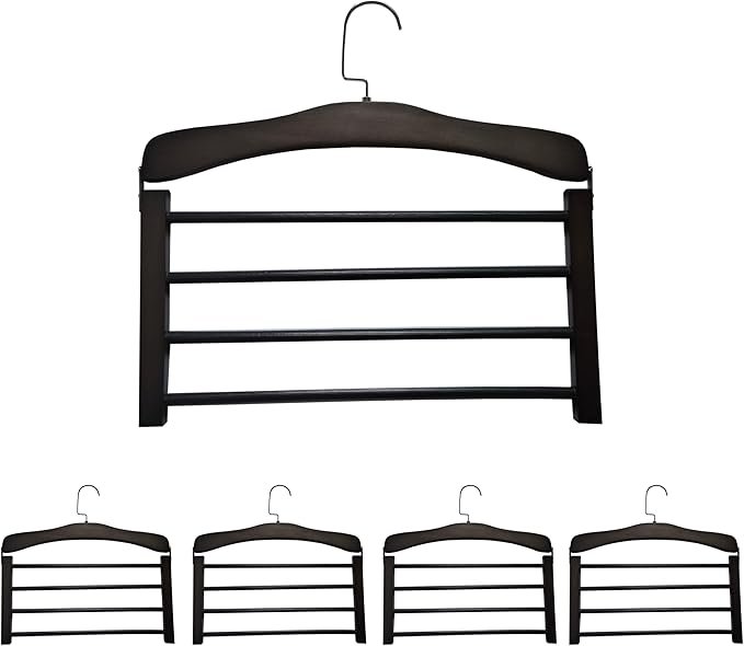 Wooden Pant Hanger Space Saving - 4 Tier Closet Storage Hanger Organizer for Jeans Legging Scarves Pants Towels, 5 Packs, Black