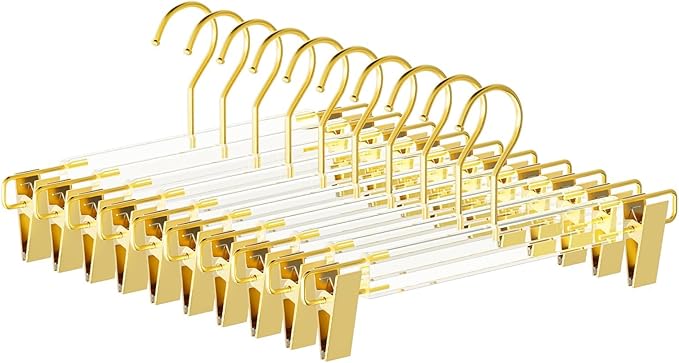 10 Pack Clear Acrylic Hangers with Adjustable Non-Slip Metal Clips, Gold Pants Hangers for Jeans, Trousers, Skirts, Coats, Heavy Duty, Space-Saving Closet Organizer, Adults & Kids