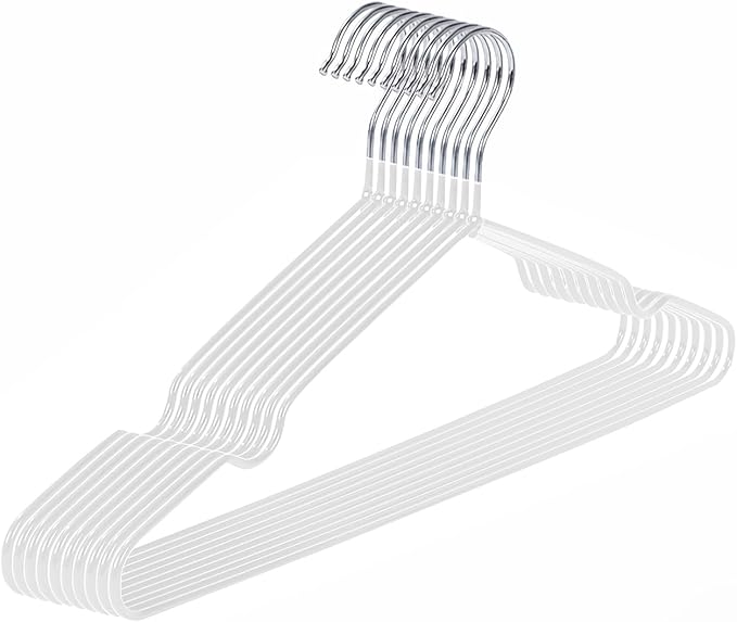 Ultra-Thin Metal Hangers, 10 Pack Non-Slip PVC Coated Space Saving Clothes Hangers for Closet, 16 inch Wide for Suits, Dresses, Jackets（White）