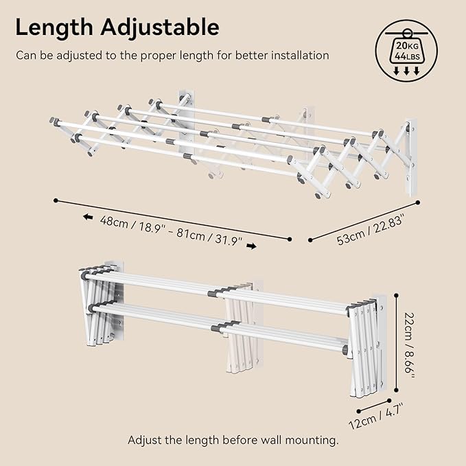 APEXCHASER Wall Mounted Clothes Drying Rack Laundry Drying Rack Retractable, Towel Racks Wall Mounted for Bathroom Balcony Laundry Room Indoor, Foldable Accordion Dryer Rack for Clothing, White