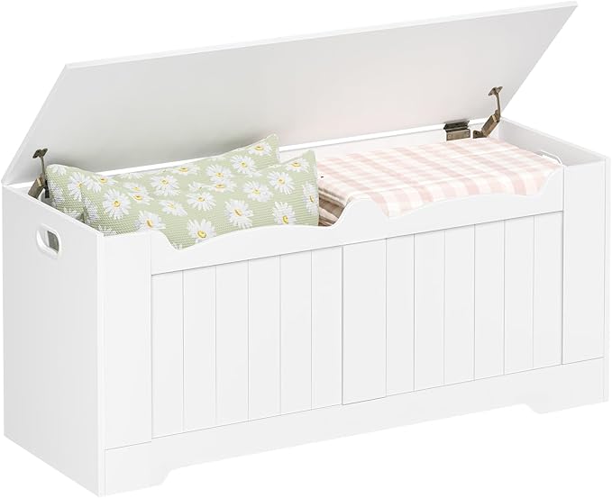 43.3" Storage Chest, Extra Large Storage Trunk with 2 Safety Hinges, Lift-Top Bench Box, Wooden Chest Organizer, Shoe Bench for Entryway, Bedroom, Living Room, White SB25503X