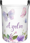 Personalized Laundry Basket for Nursery, Custom Nursery Laundry Hamper with Name, Customize Baby Clothes Circular Hamper for Boys Girls Room Decor, Floral Butterfly Purple