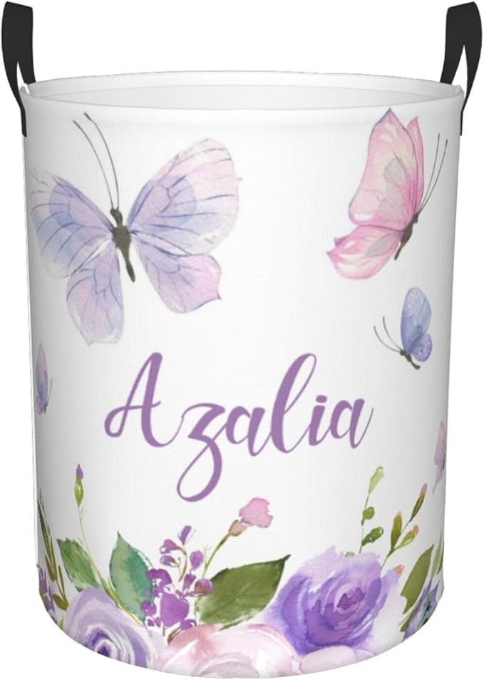 Personalized Laundry Basket for Nursery, Custom Nursery Laundry Hamper with Name, Customize Baby Clothes Circular Hamper for Boys Girls Room Decor, Floral Butterfly Purple