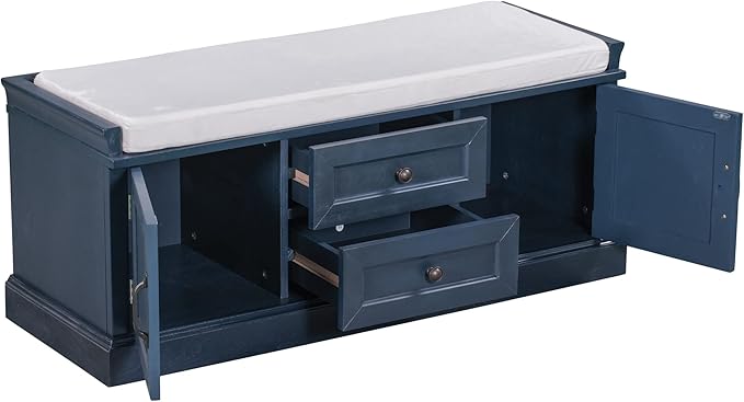 Knocbel 42.5" Entry Storage Bench with Removable Cushion, 2 Drawers and 2 Cabinets, Entryway Hallway Foyer Shoe Bench End of Bed Bench with Aluminum Handles, 200lbs Weight Capacity (Antique Navy)