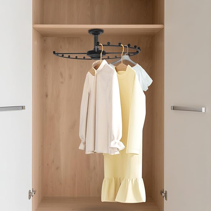 Round Closet Rod, 360° Rotating Clothes Hanger for Wardrobes, Black Heavy Duty 66 lbs Capacity Metal Closet Organizer with Iron Balls, Space Saving Storage Solution for Cloakroom
