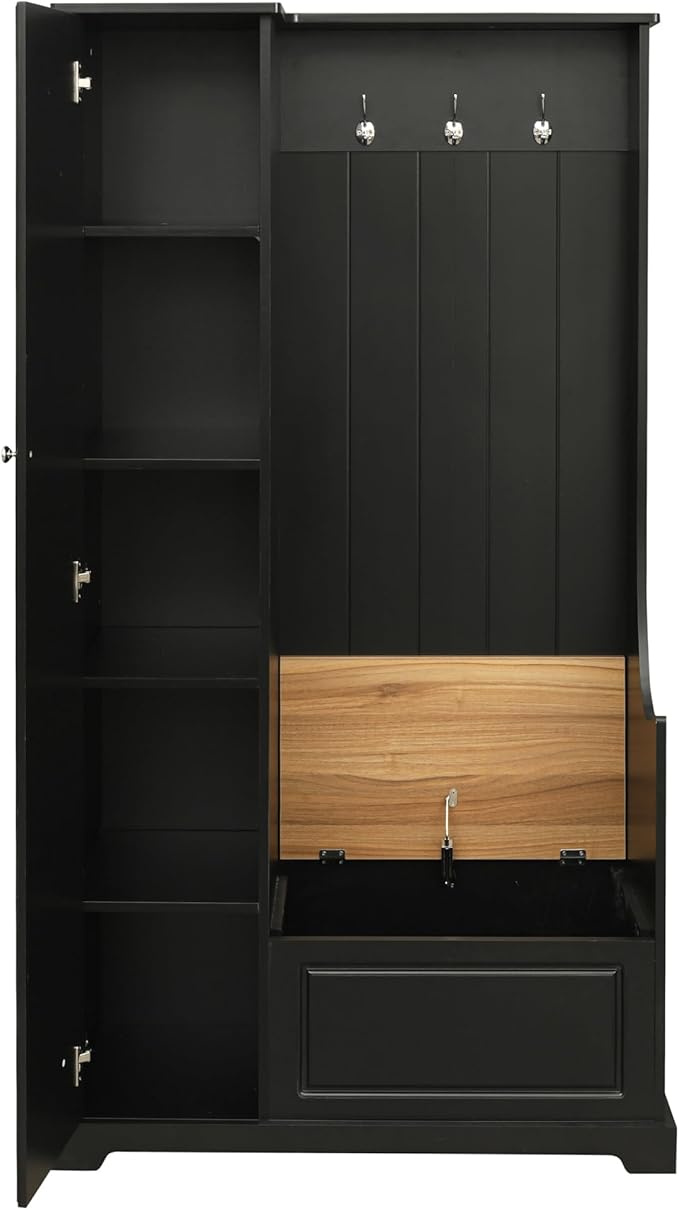 Versatile Design Hall Tree with Flip-Up Bench, 4-in-1 Minimalist Hallway Coat Hanger Shoe Cabinet with Adjustable Shelves, Entryway Coat Rack with Hanging Hooks for Entryways, Mudroom (Black-35)
