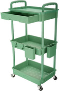 REBECAT 3 Tier Rolling Utility Cart with Drawer,Rolling Storage Cart,Storage Cart for Kitchen,Bathroom,Living Room, Organizer with Iron Wheels(Green)