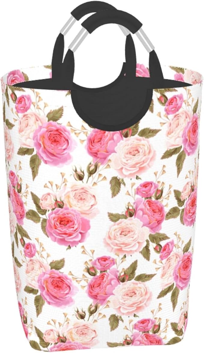 Floral Laundry Basket Flower Rose Laundry Hamper Pink Collapsible Baskets with Handle Dirty Clothes Bag Hamper for Dorm Family Bathroom Decor Storage 50L
