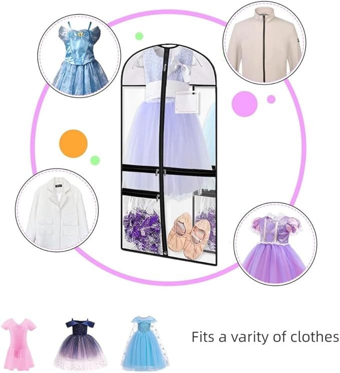 Clear Dance Costume Garment Bag, 39 Inch Garment Bag for Dance Competitions, Kids Hanging Clothes Cover for Girls Closet Storage with 3 Zippered Pockets (2 Pack, Clear)