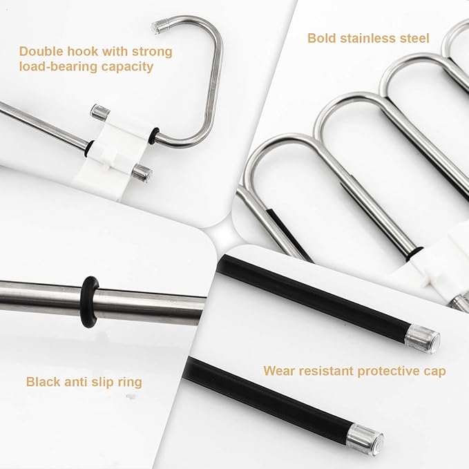 2Pack Pants Hangers Space Saving,Anti-Slip Design, Storage Organizer for Pants Jeans Trousers Skirts Scarf,Non Slip Stainless Steel Multifunctional Rack (Black, U-shaped-2pack)