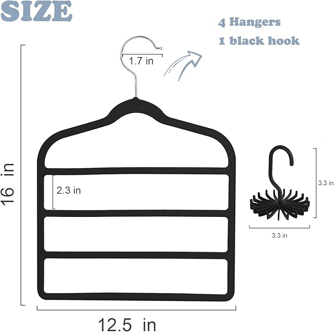 Tinfol Velvet Pants Hanger Space Saving, 4pc Black Non-Silp Velvet Hangers with Hook, Multi Tier Ultra Thin Trousers Hangers, Closet Clothes Hanger Organizer Storage for Trousers, Scarves, Jeans