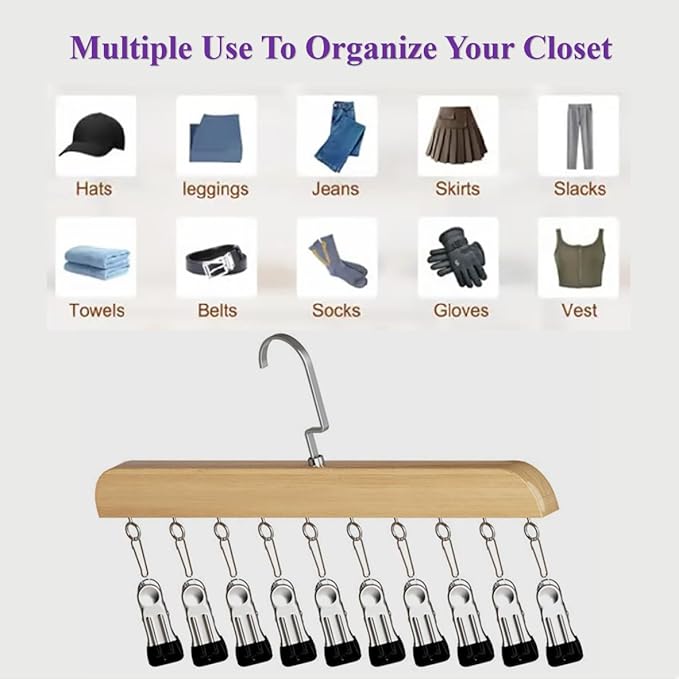 Hats Hangers with 10 Clips,Space Saving Cap Organizer for Closet,Wooden Legging Hangers 2 Pack,360° Rotating Hanging Closet Organizer for Pants, Skirts and Socks Storage(Set of 2,Vintage)