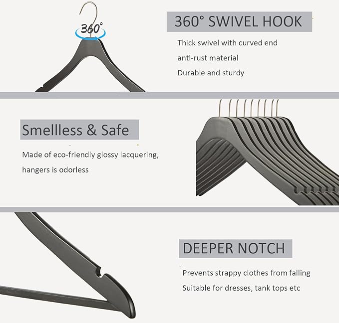 Black Ultra Thin Wooden Natural Slim Solid Wood Coat Jacket Shirt Suit Hangers,17.7" Space Saving Wooden Adult Clothes Non Slip Heavy Duty Suit Hangers 20PCS