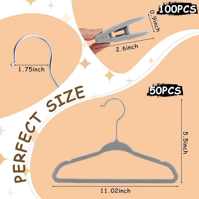 Soaoo 100 Pcs Baby Velvet Clips with 50 Baby Velvet Hangers, Pants Hangers Strong Finger Clips, Non Slip Kids Hanger for Kids, Toddler, Children's Closet & Nursery Closet (Grey)