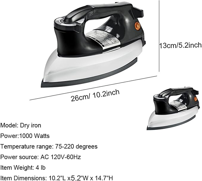 Dry Iron, No Steam No Holes, 9 Ft Cord, Non-Stick Soleplate, Overheat Safety Protection, Professional Electric Iron for Clothes & Industrial (Heavyweight （2.2kg))