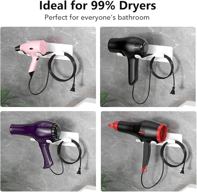 Hair Dryer Holder Wall Mount Compatible 304 Stainless Steel Blow Diffuser Holder Organizer Adhesive for The Bathroom White