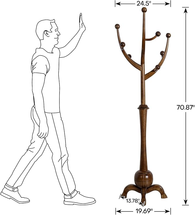 Coat Rack Freestanding Wood Coat Tree Rack with 8 Hooks, Creative Design Tree Branch-look, Standing Coat Rack Clothes Hanger Stand with Stury Base for Entryway, Hallway, Bedroom - Load 160lb (Walnut)