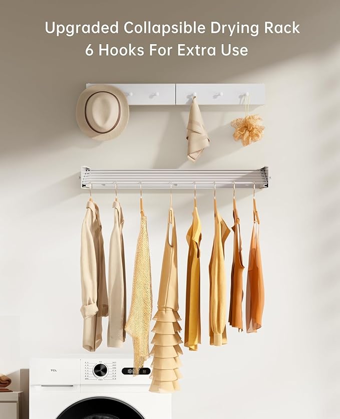 Wall Mounted Foldable, Space Saving Clothes Drying Rack with Knob, 60 lbs Capacity, for Laundry (31.5" White)