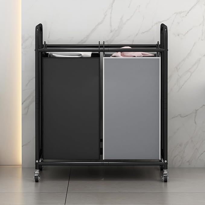 SUOERNUO Laundry Hamper Basket 2 Bag Laundry Sorter Cart with Rolling Lockable Wheels and Removable Bags Laundry Organizer Cart for Clothes Storage
