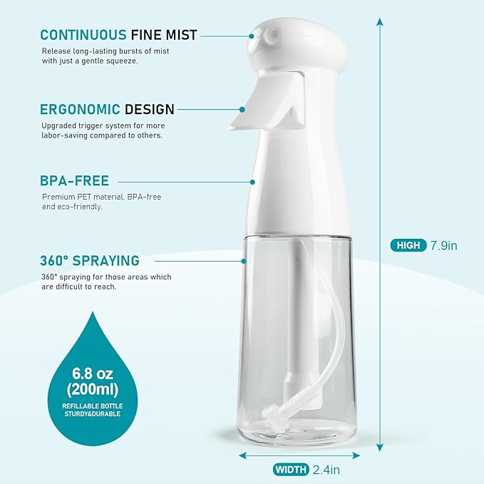Spray Bottle For Hair, Continuous Mister Sprayer, Ultra Fine Mist Empty Spraying Water Bottles for Hairstyling, Barbers, Salons, Essential Oil Scents, Cleaning, Plants - White&White