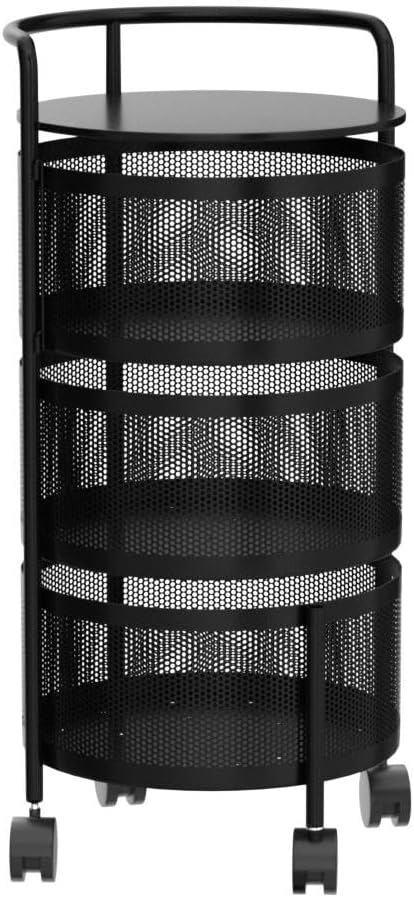 JAQ 3-Tier No Assembly Vegetable Storage Rack, Under Counter Rotating Fruit Basket with Wheels, Carbon Steel Kitchen Organizer for Potato Onion, Fruteros para Cocina, Black